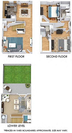 Burberry with Fenced-in Yard Burberry with Yard 3D. 2 bedroom townhome with den. Kitchen with bartop open to living/dinning rooms. 2 full bathrooms + 2 powder rooms. Patio/balcony open to yard.